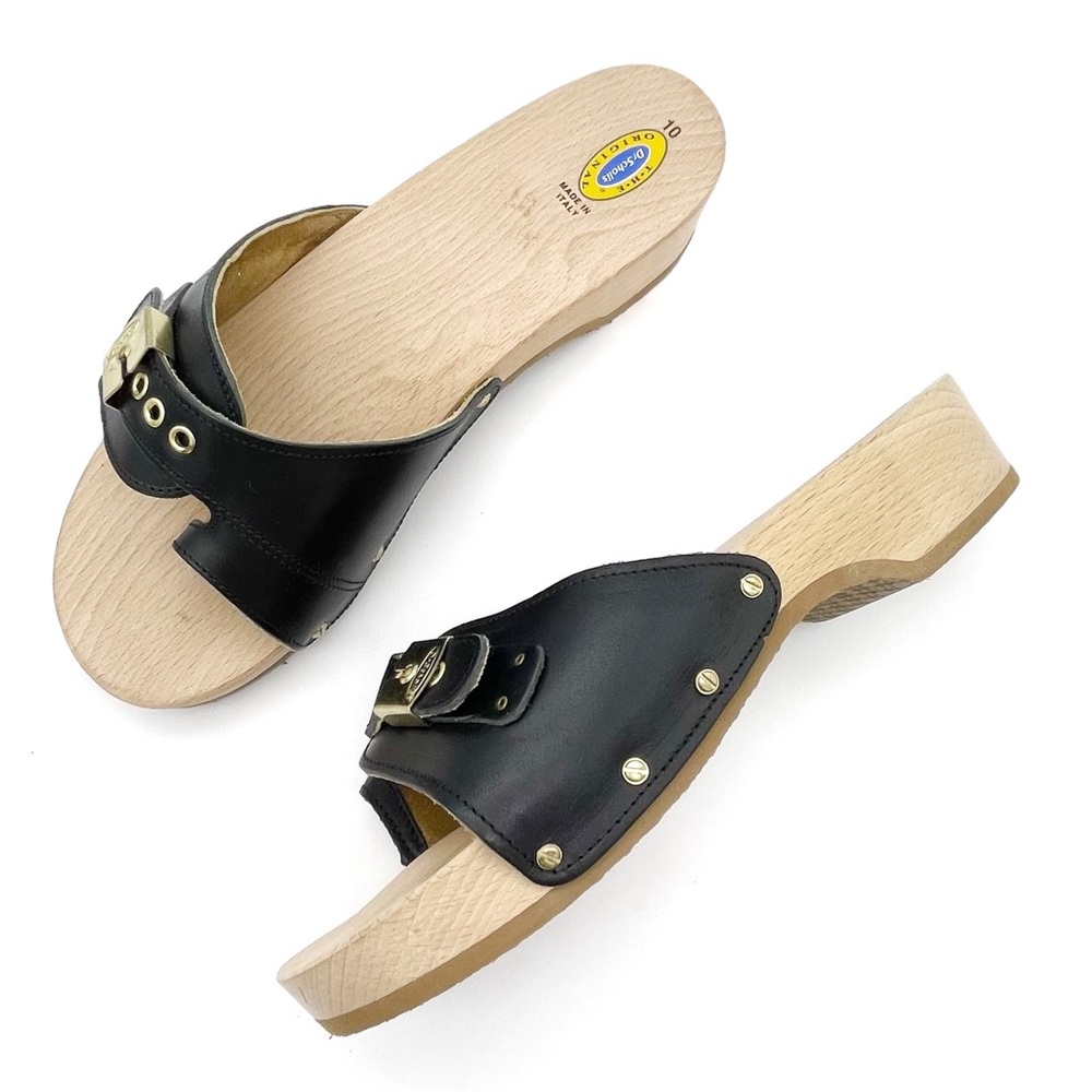 Dr. Scholl's Black Leather Buckle Clog Sandals with Gold Hardware